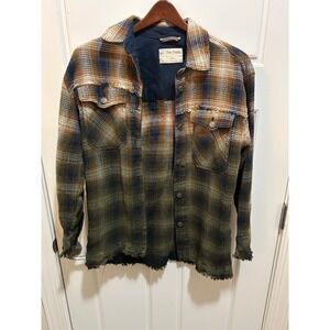 Free People Oversized Plaid Flannel Shacket Distressed Raw Hem Button Down